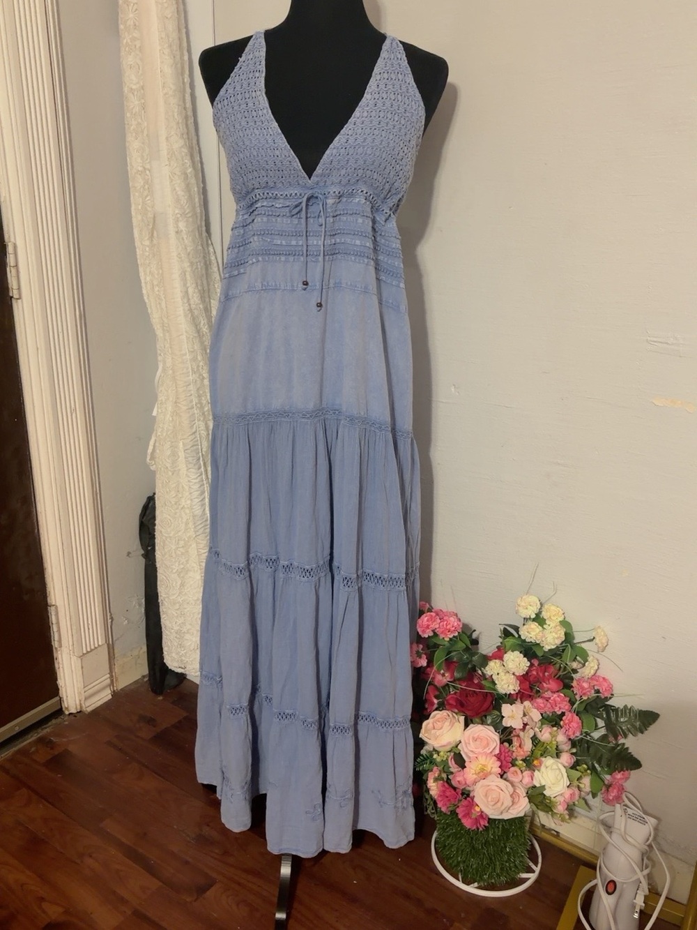Light Blue Crochet Halter Tiered Maxi Dress NWT